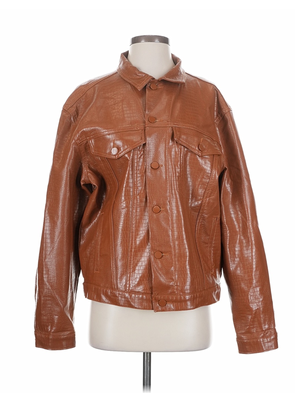 Brown Faux Leather Croc-Embossed Trucker Jacket - Women